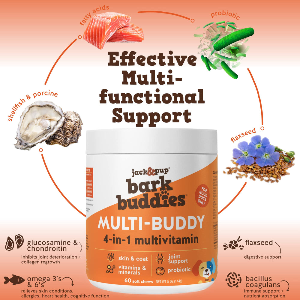 Jack&Pup Multi-Buddy empaque-dosis, fácil de administrar para perros pequeños.