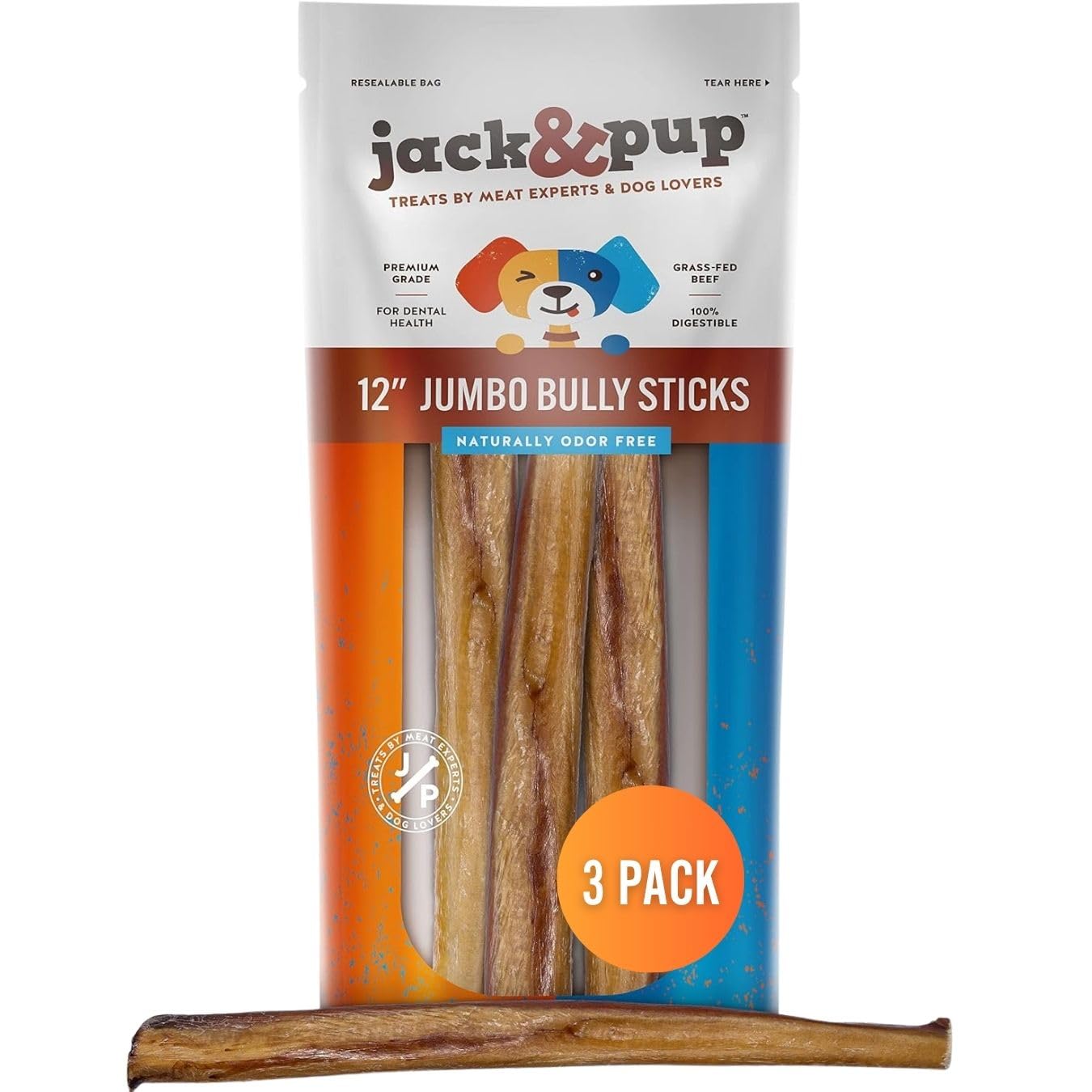 Jack&Pup palitos bully 12 pulgadas para perros grandes, masticación satisfactoria