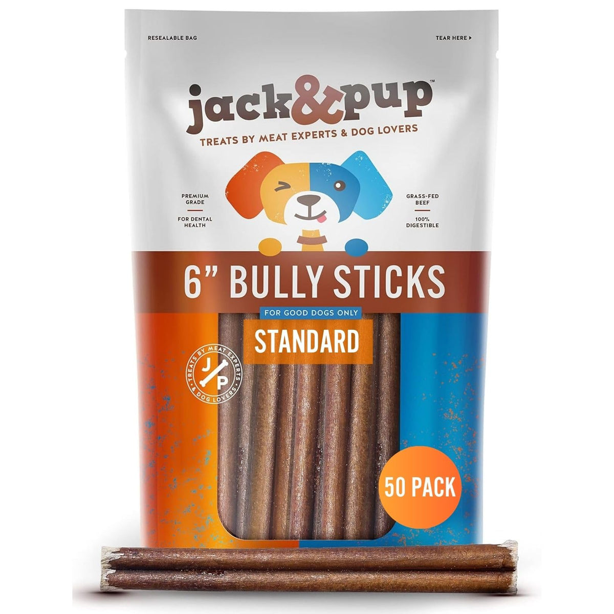 Jack&Pup palito de res de 6 pulgadas, paquete de 50, ideal para masticación diaria