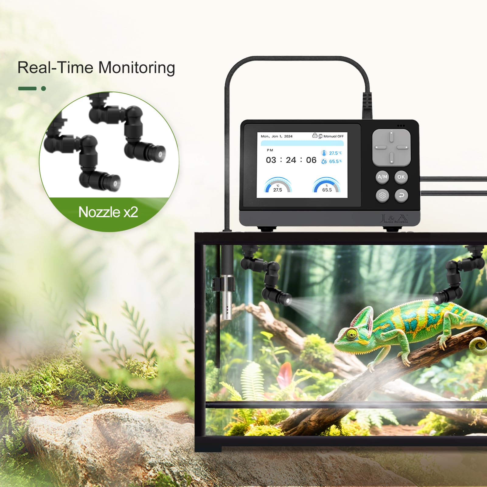 Mister Reptile de J&A con sonda de temperatura y humedad integrada para monitoreo en tiempo real