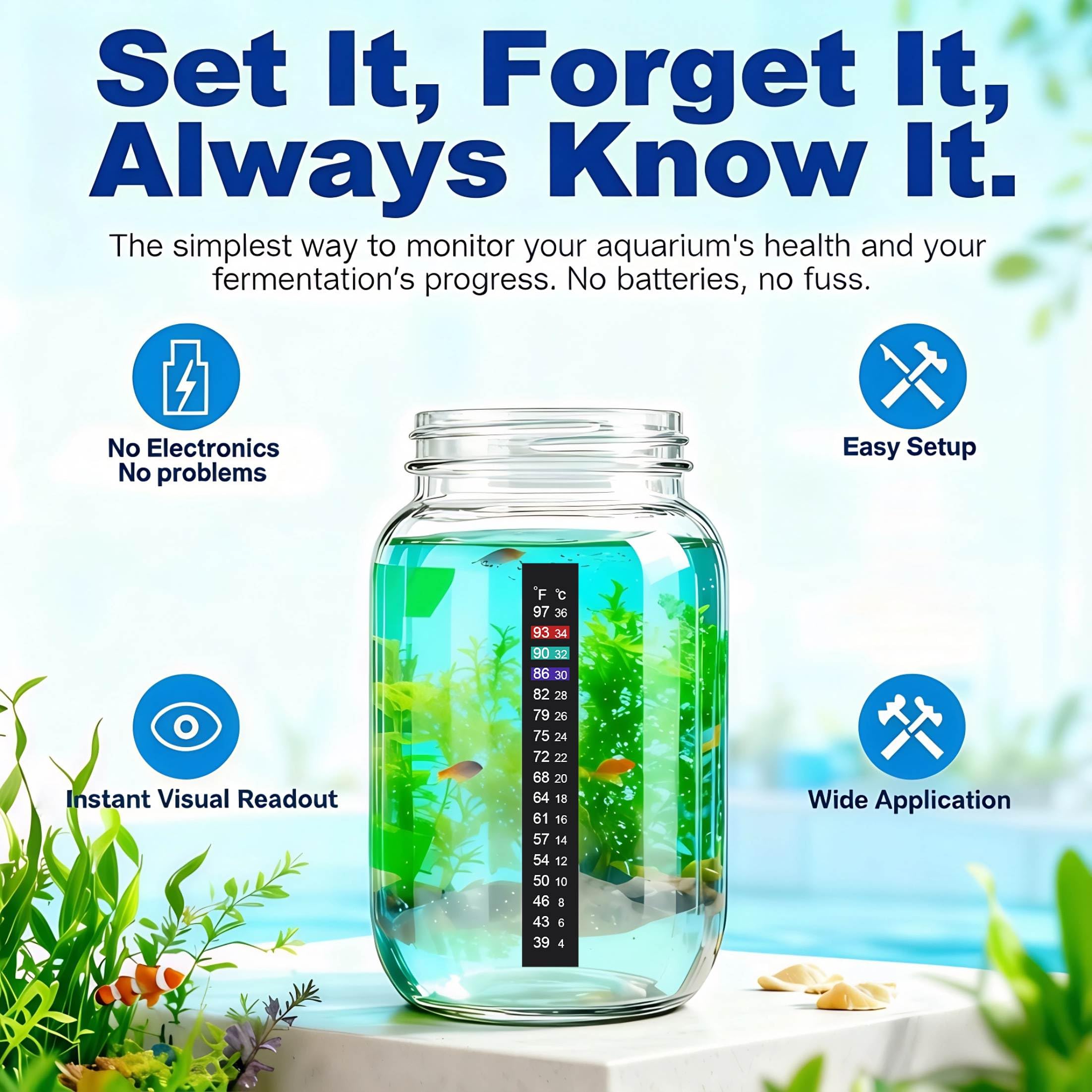 Jansamn tira para kombucha muestra rango de temperatura de fermentación.