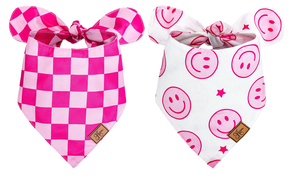 Bandana JarThenaAMCS para perro rosa con cara feliz, ideal para paseos y fotos.