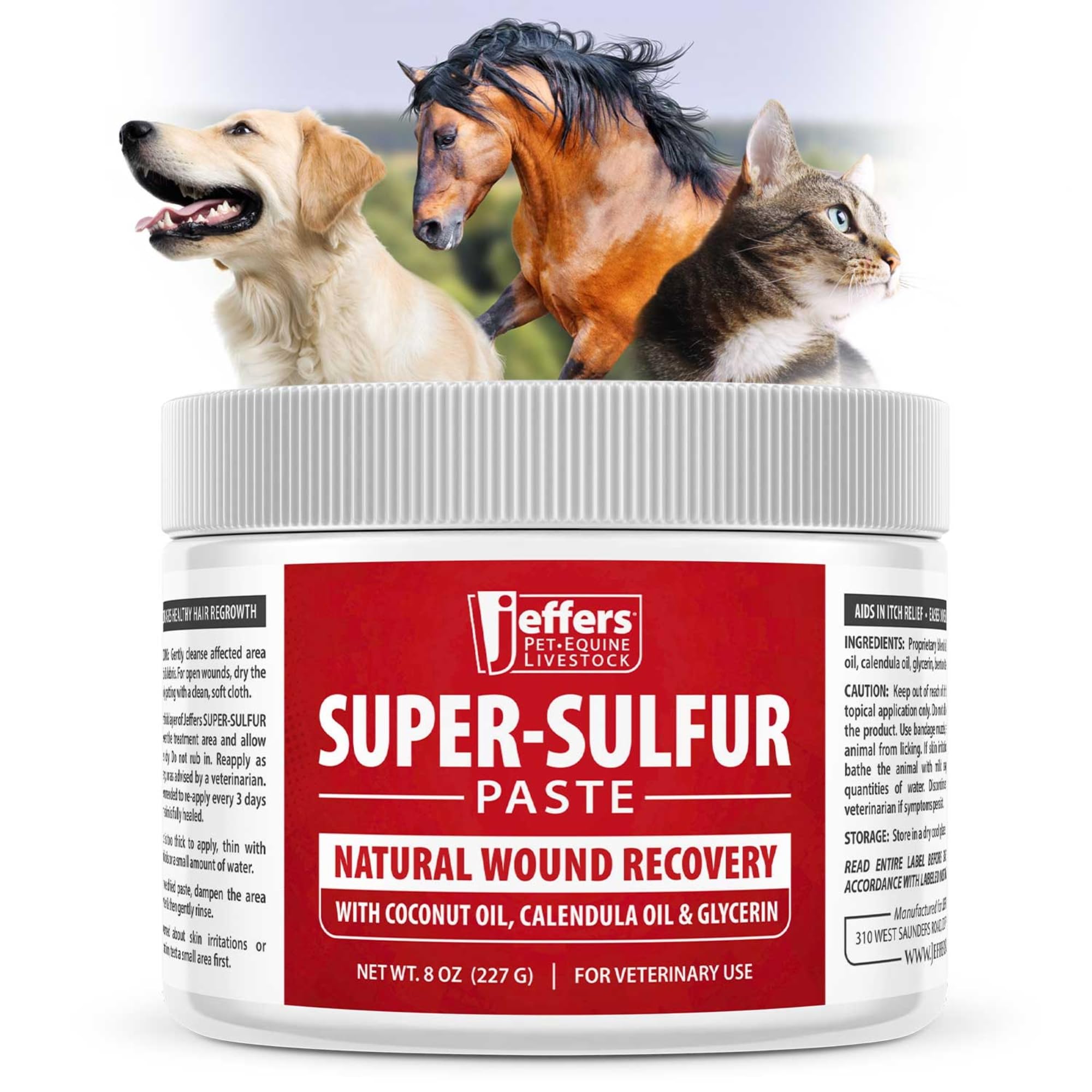 Jeffers Super Sulfur, frasco de 8 oz para perros, gatos y caballos, favorece piel sana.