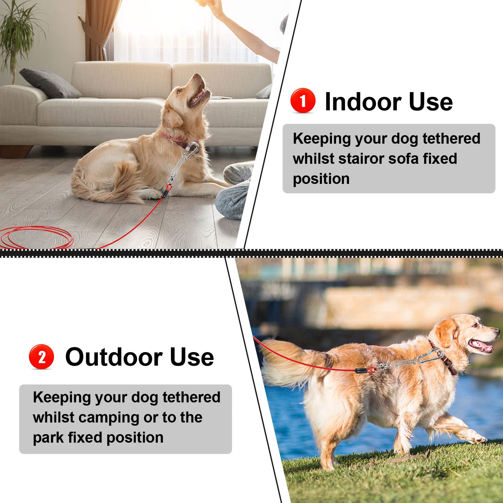 Jenico cable para perros de 50 ft con gancho giratorio, cómodo para paseos largos.