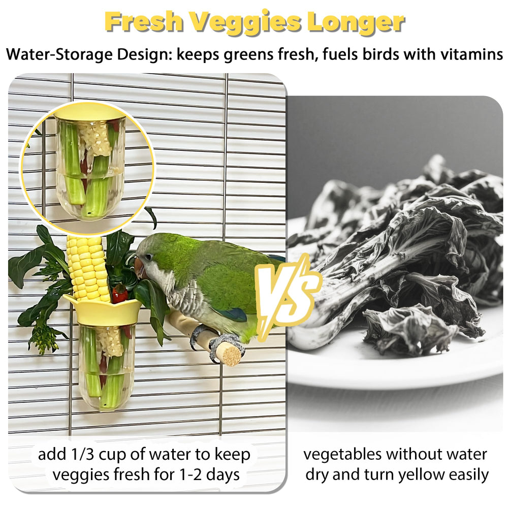 Alimentador Jevnd para aves con verduras separadas evita contaminación y humedad.