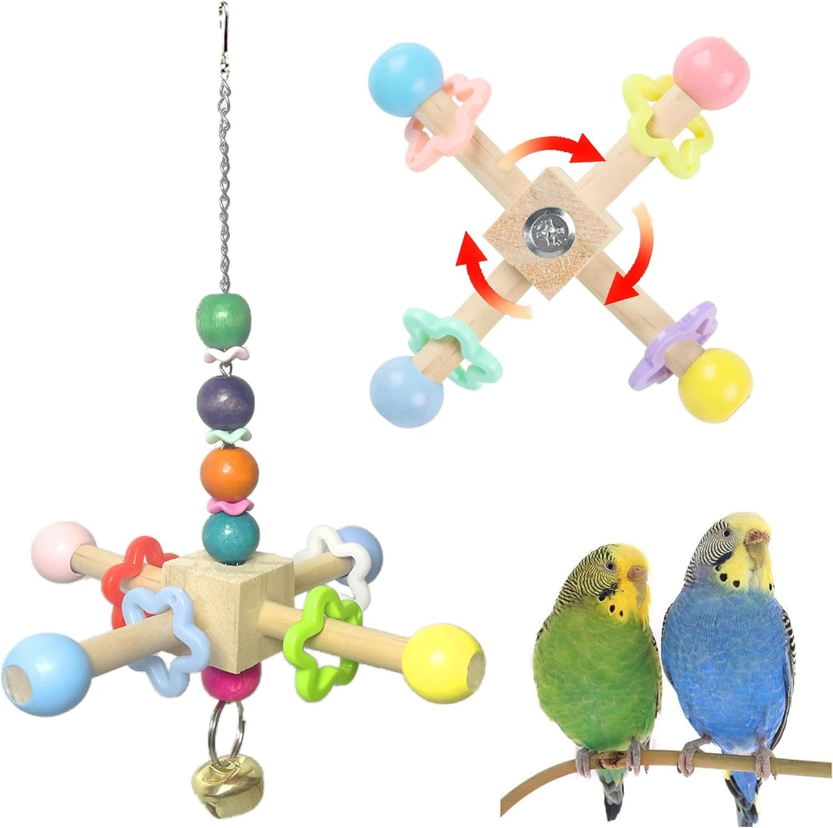 Jevnd spinner para pájaros con campanas, estimula juego y exploración en jaula.