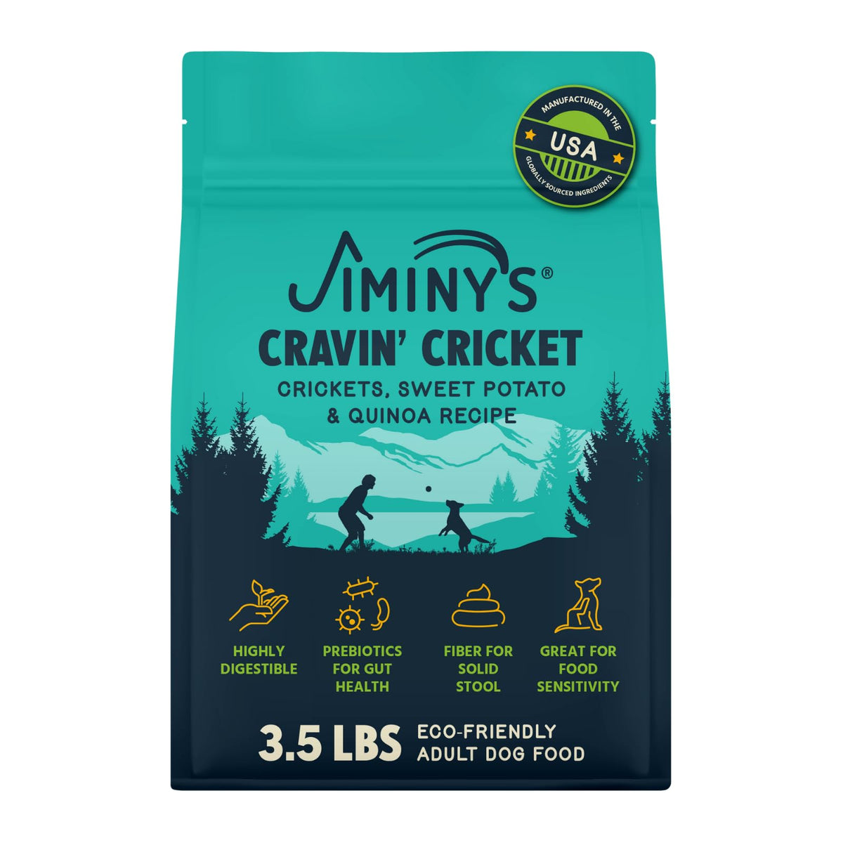 Jiminy's Cravin Cricket, bolsa de alimento seco para perro 3-5 lb, práctico y fácil de medir.