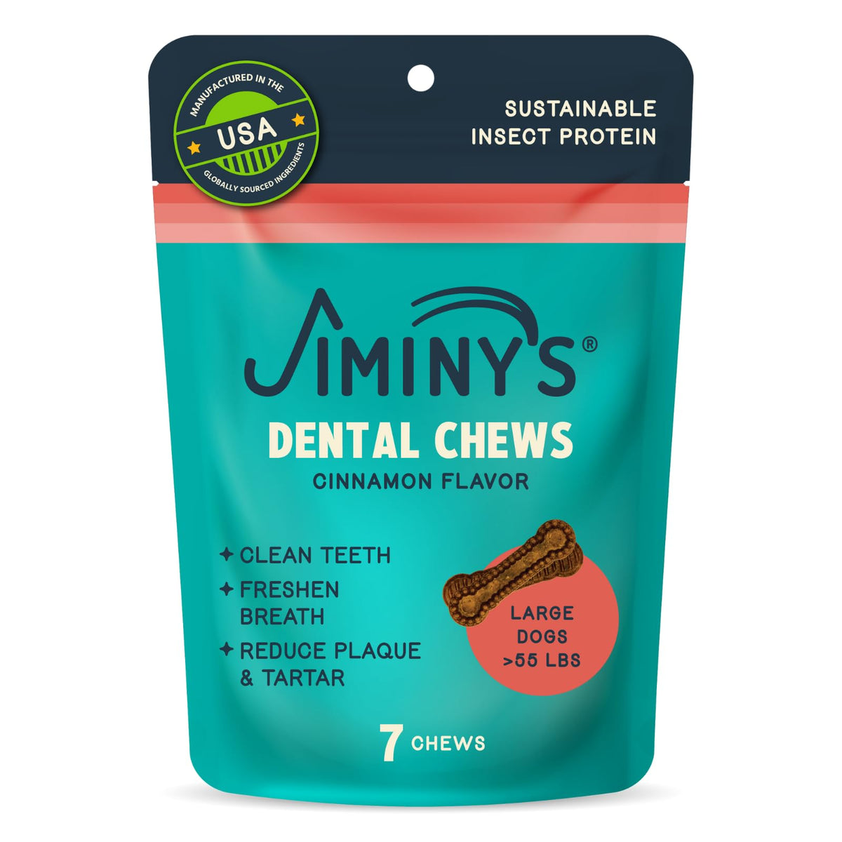 Jiminy's Dental Chews canela con textura flexible y limpieza dental en acción