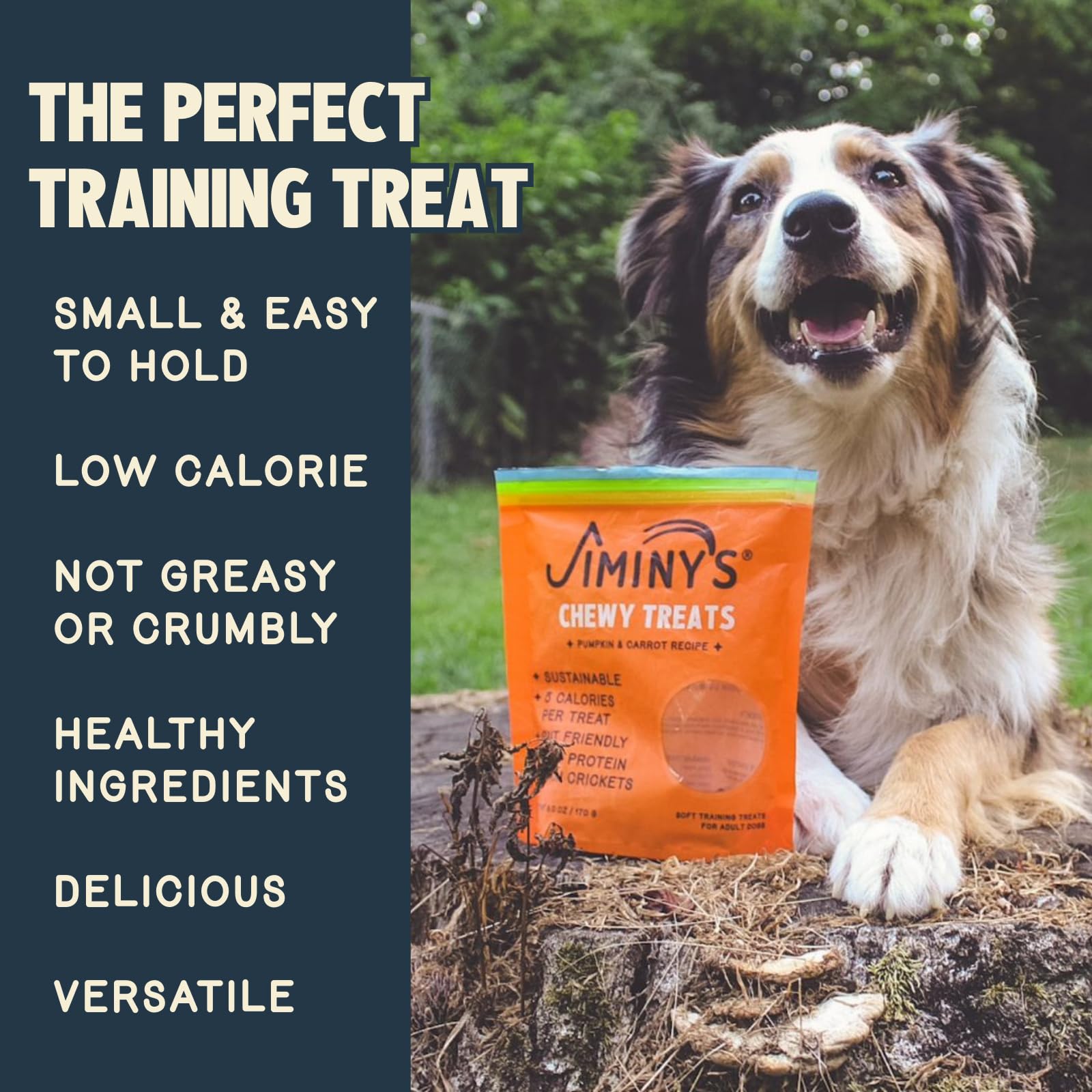 Primer plano de los premios masticables de Jiminy's para perros.