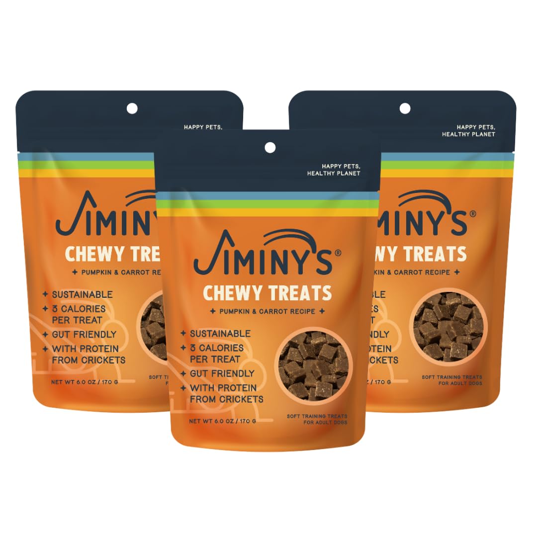 Jiminy's premios de entrenamiento con grillo, calabaza y zanahoria, perfecto para reforzar sesiones.