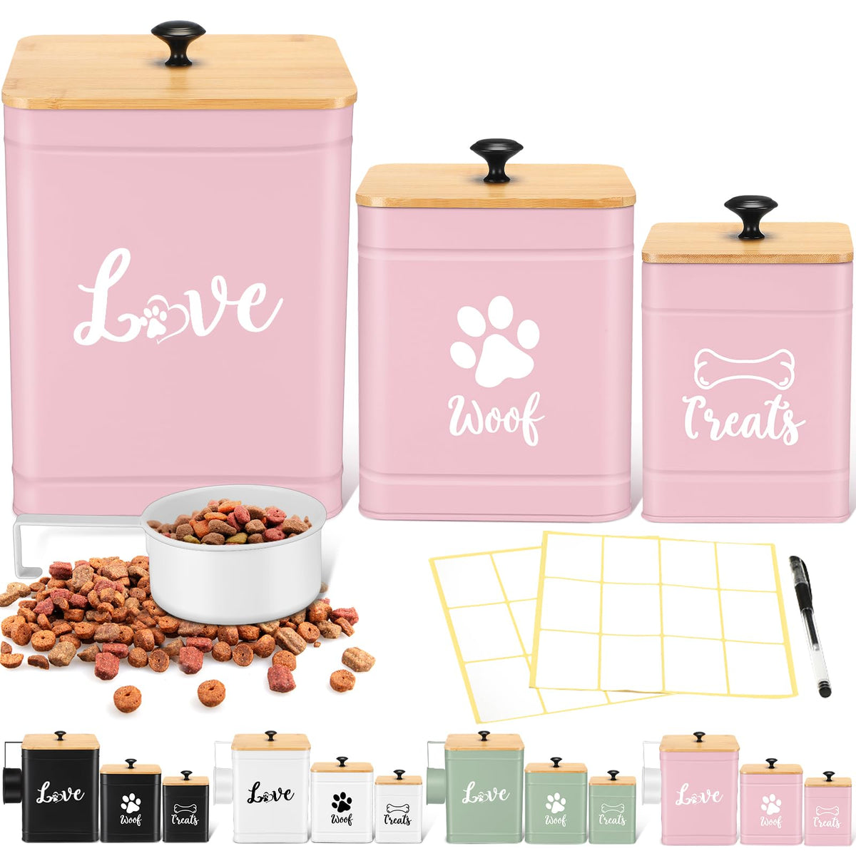 Jingmore conjunto de 3 tarros para snacks de perro con tapas de bambú, almacenamiento ordenado.