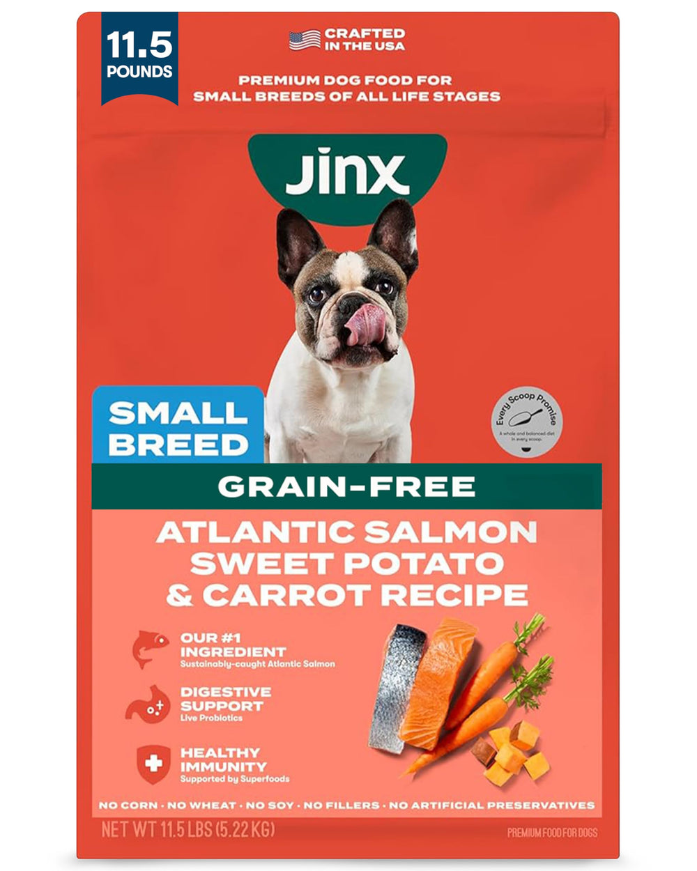 Jinx comida seca para perros pequeños con salmón real y batata, apoyo digestivo.