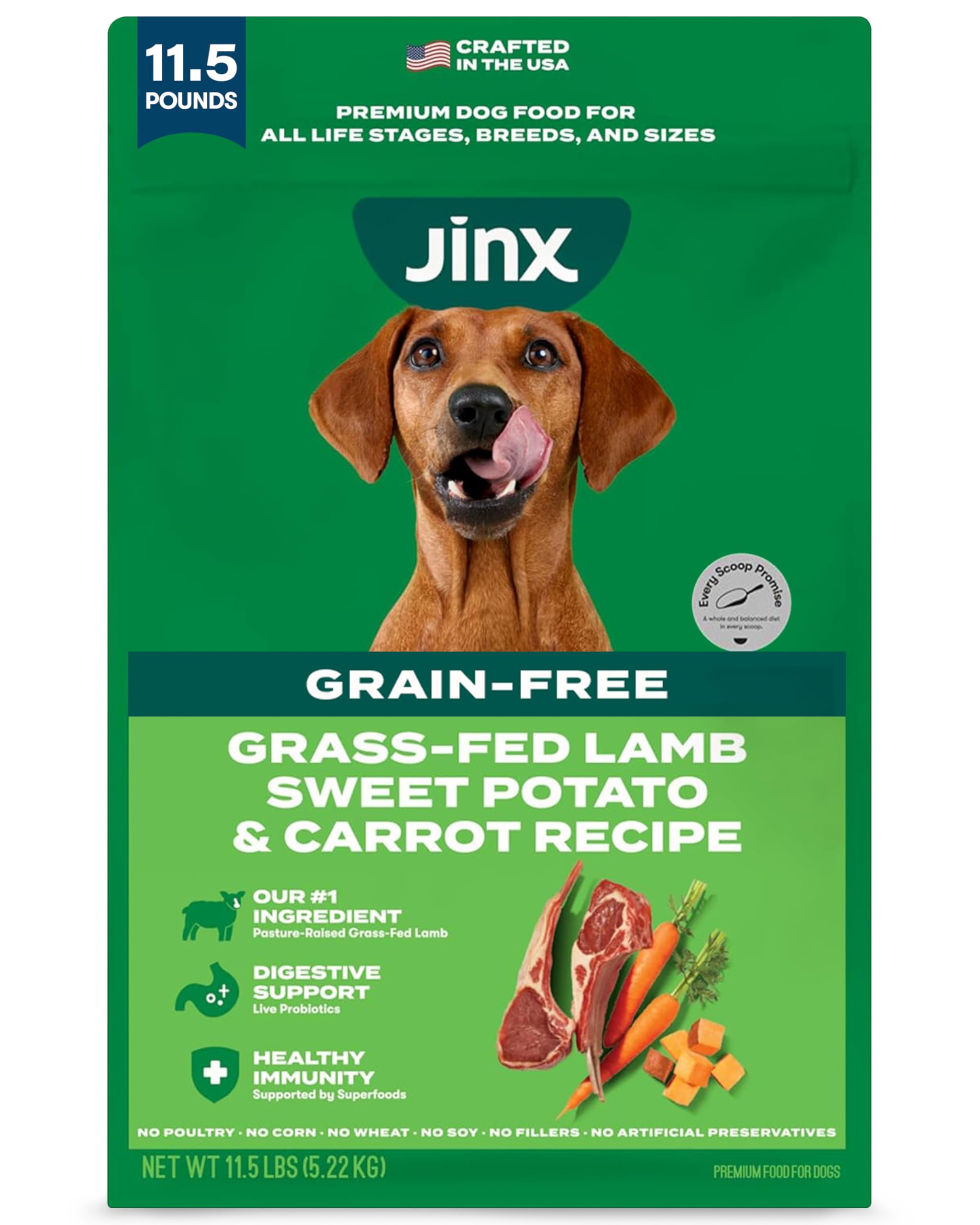 Jinx croquetas sin granos de cordero en bolsa para suministro diario.