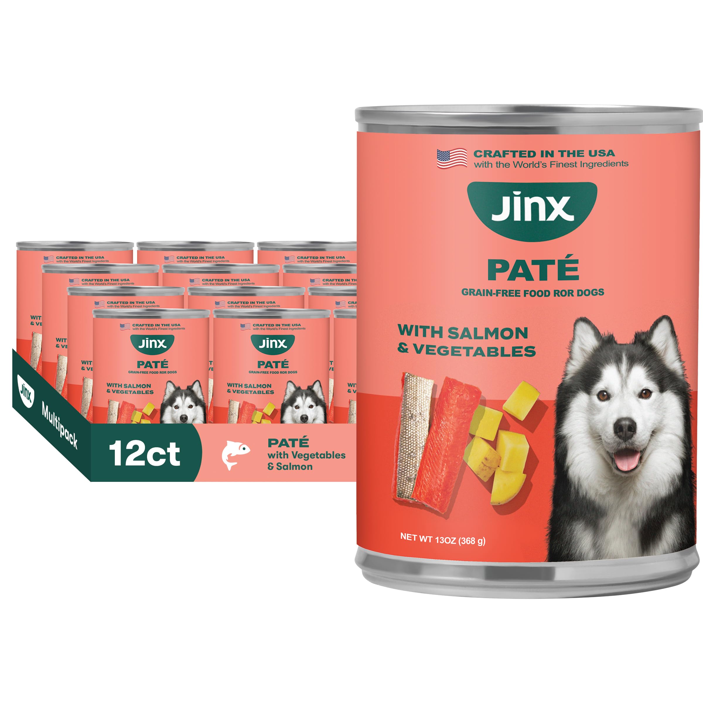 Paté de salmón Jinx en lata, fuente de proteína para perros activos.
