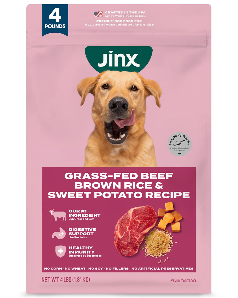 Jinx Premium Real Beef kibble in bowl supports lean muscle.