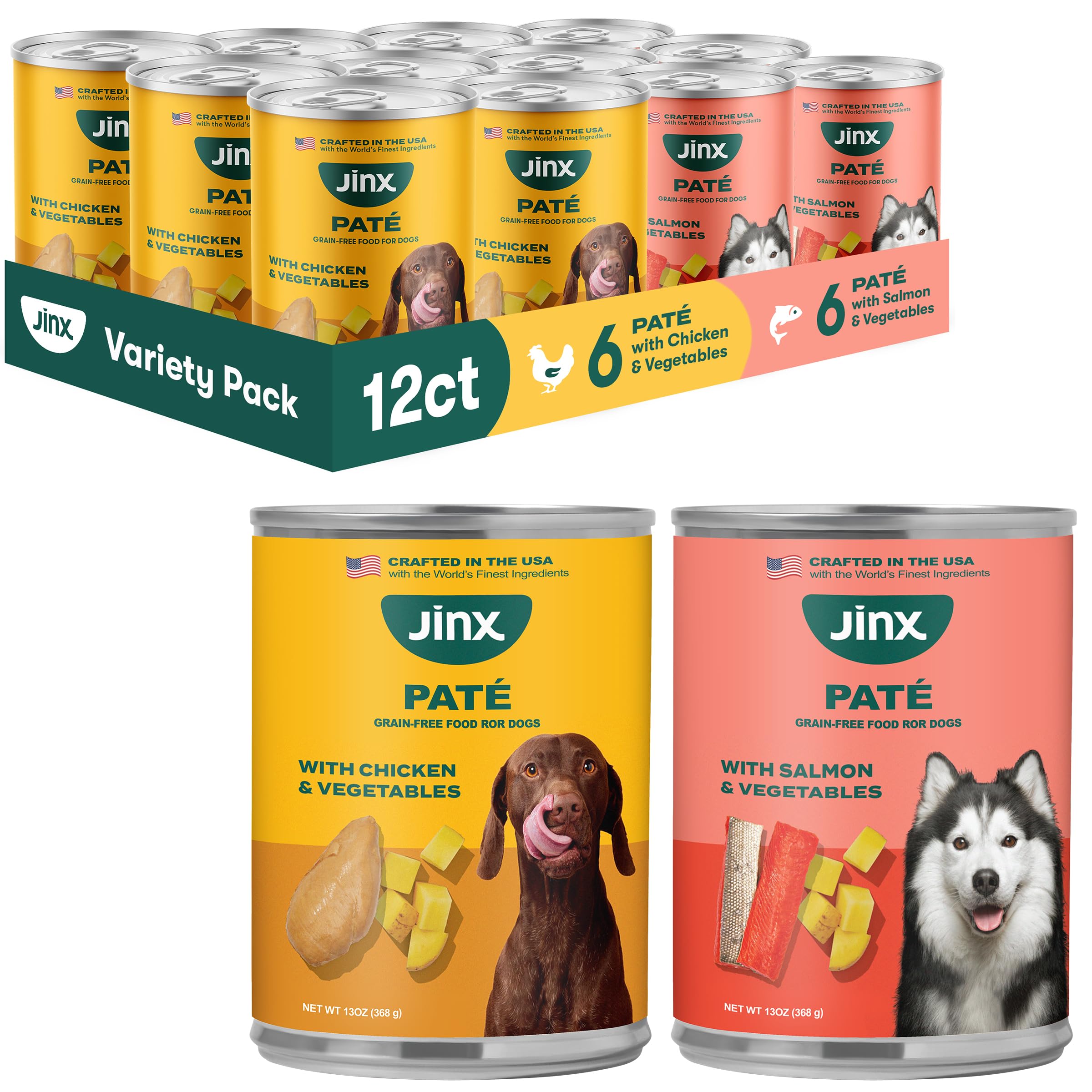 Jinx Premium: lata de salmón y paté, ideal para perros activos.