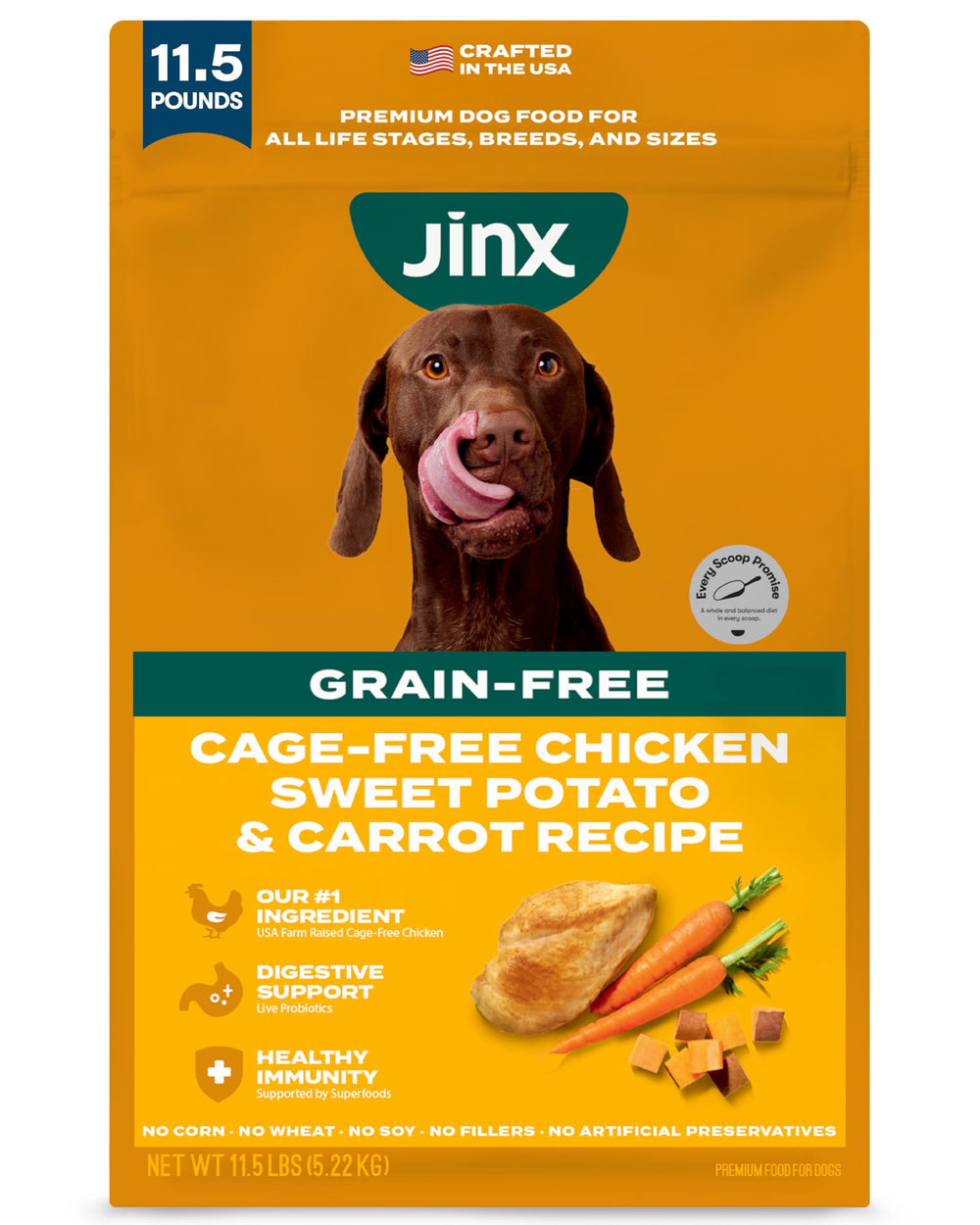 Jinx Premium sin granos con pollo real para perros activos.