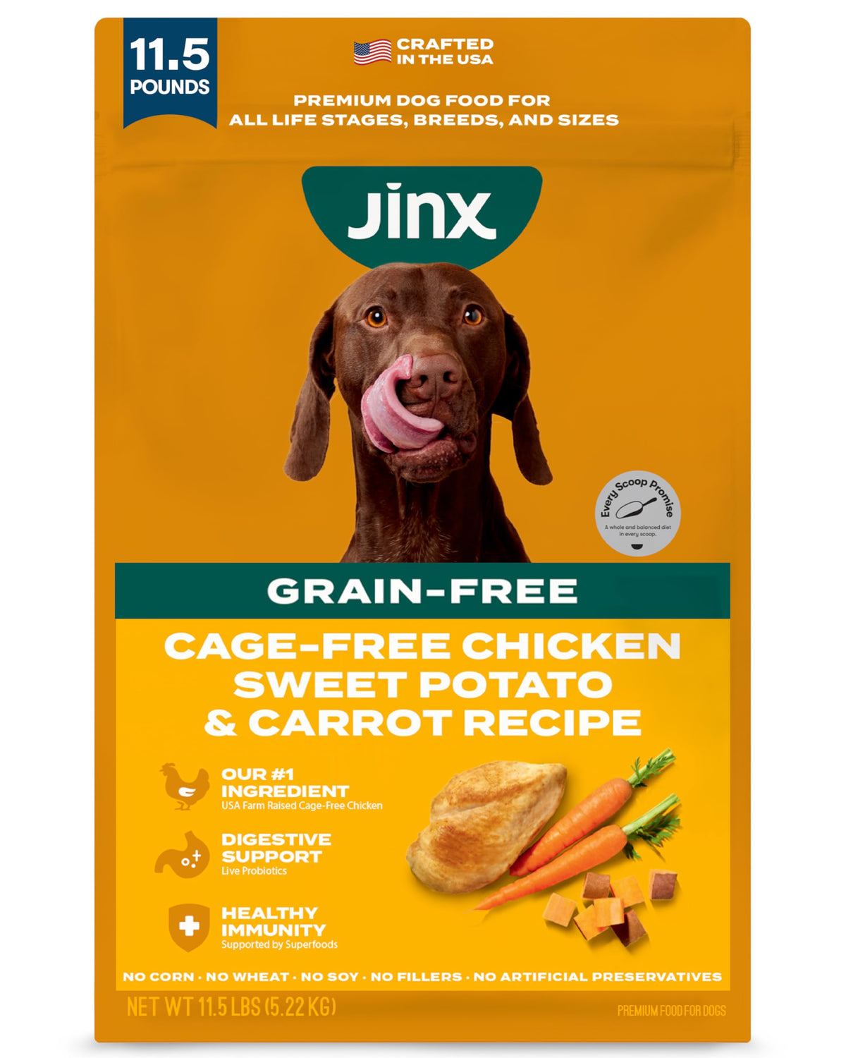 Jinx Premium sin granos con pollo real para perros activos.