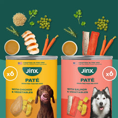Textura húmeda de pate de salmón Jinx Premium, atractiva para el paladar canino.