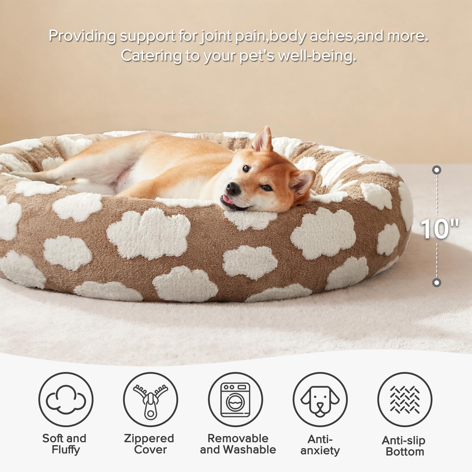 Cama rosquilla mediana JOEJOY con borde elevado para apoyar la cabeza.