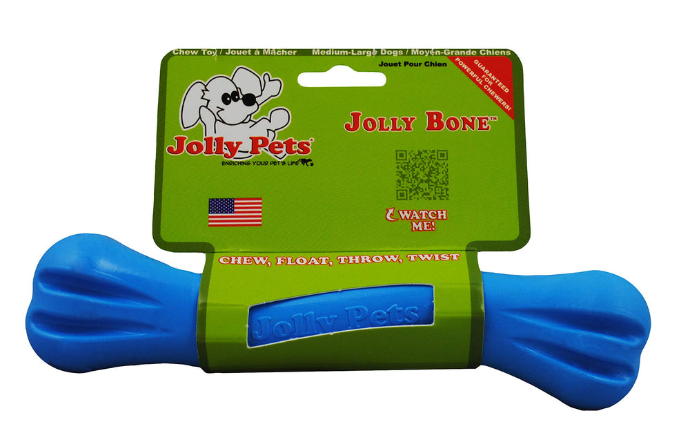 El Jolly Pets Jolly Bone mediano azul destaca por su durabilidad frente a mordidas fuertes.