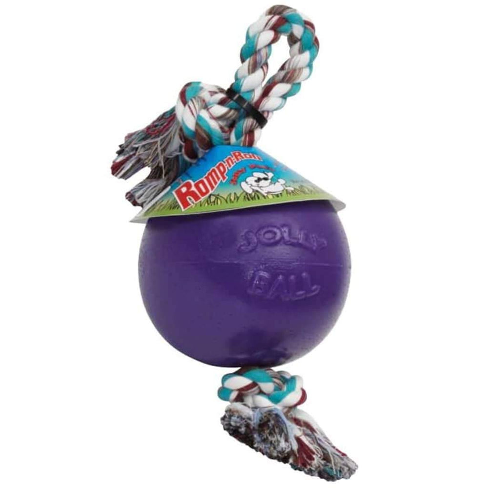 Jolly Pets Romp-n-Roll con cuerda y bola, ideal para juego activo al aire libre.