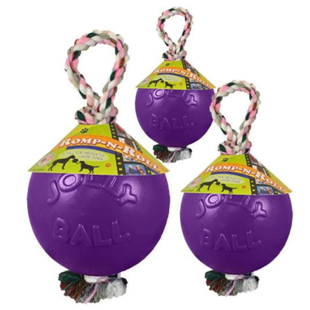 Jolly Pets Romp-n-Roll detalle de la pelota morada; perfecto para lanzar y morder con seguridad
