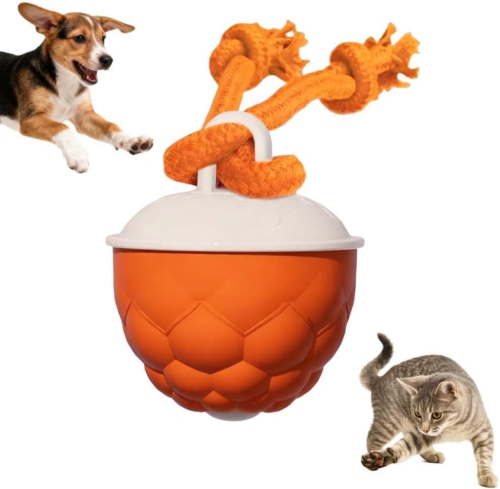 juguete perro interactivo con bola rodante naranja para estimulación mental y ejercicio.