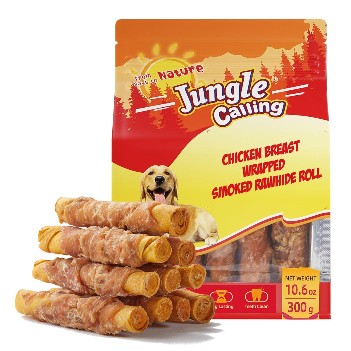 Rollos Jungle Calling: cuero crudo envueltos en pollo ahumado para perros, sabor intenso.