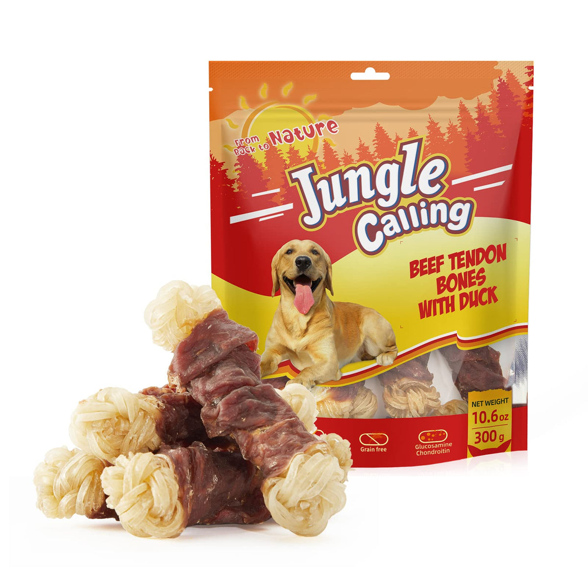 Tendones de res envueltos en pato de Jungle Calling, masticación prolongada.