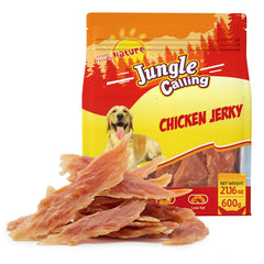 Jungle Calling tiras de pollo jerky para perros, snack proteico para entrenamiento.