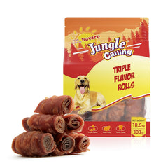 Jungle Calling Triple Flavor Rolls packaging highlights a rawhide-free, protein-rich dog treat.