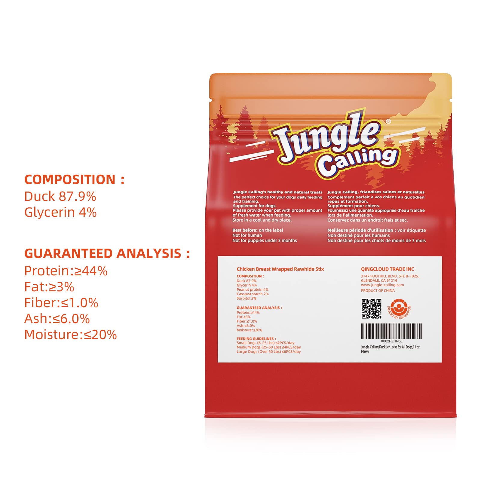 Jerky de canard Jungle Calling – collation idéale pour chiens moyens et grands.