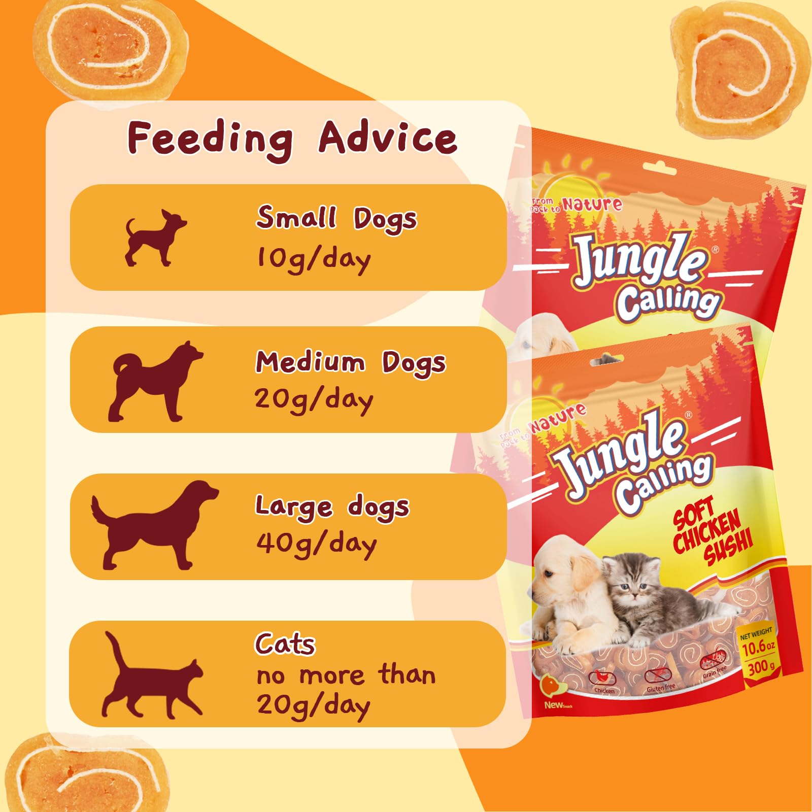 Jungle Calling, premio en formato sushi de pollo y bacalao para perros y gatos