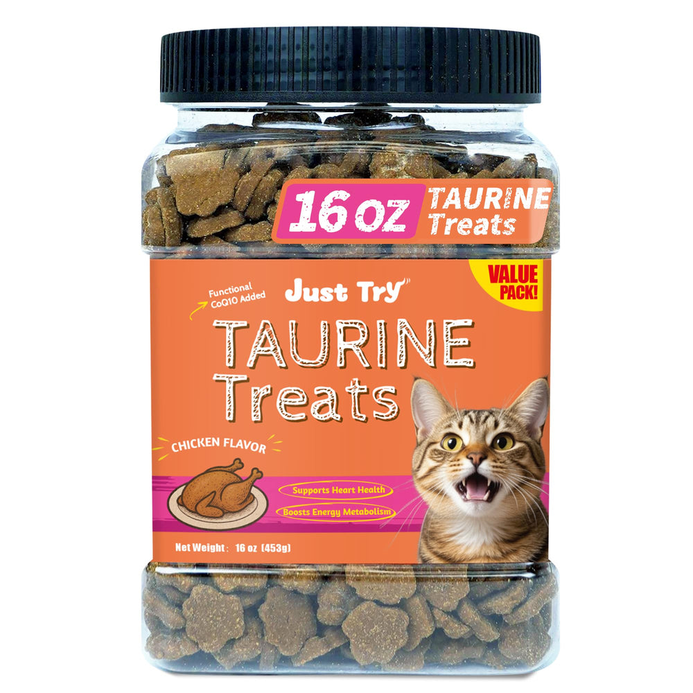 Just Try Taurine Treats para gatos en empaque práctico para uso diario.