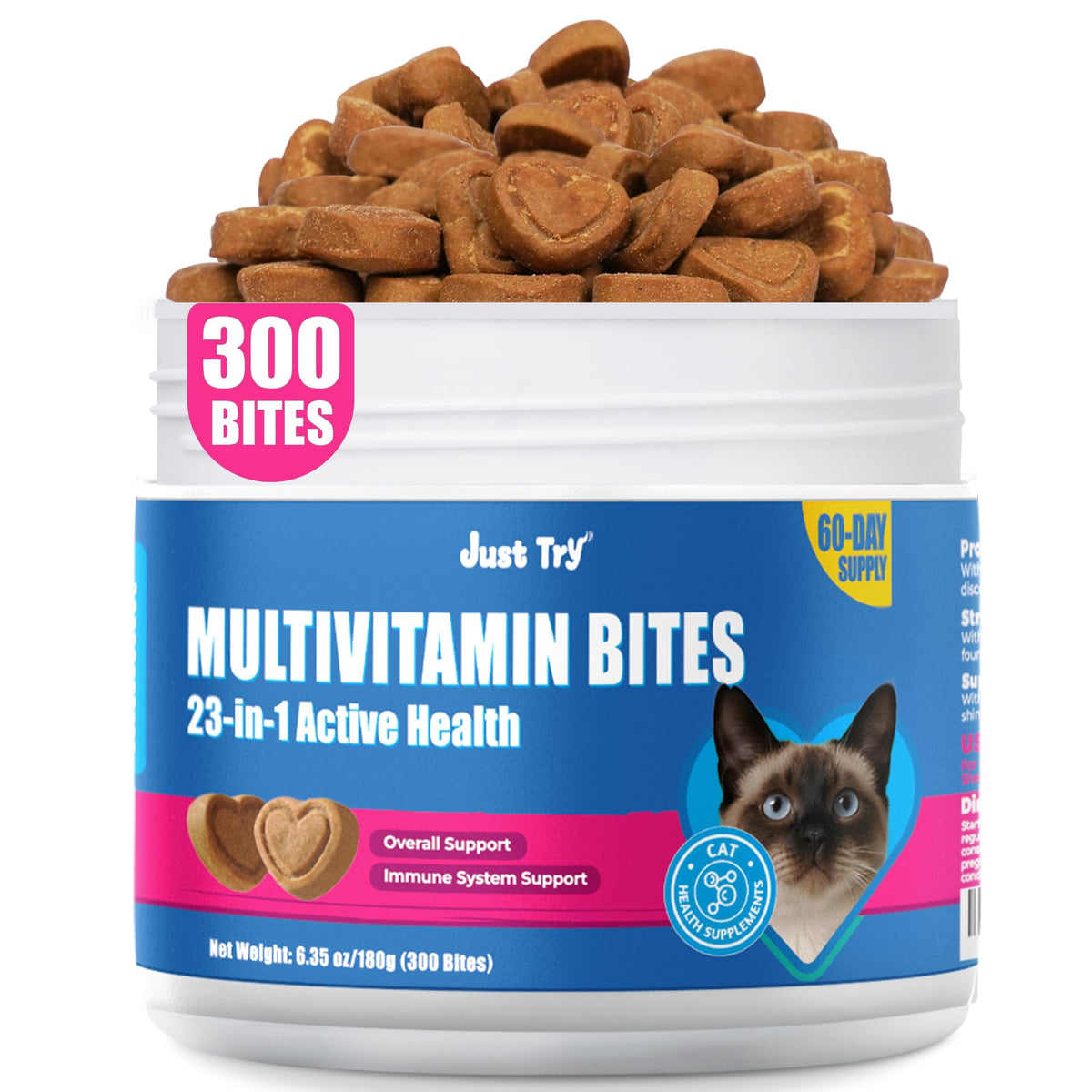 Just Try 23 en 1 Taurina para Gatos, frasco de bocadillos, apoyo general de salud.
