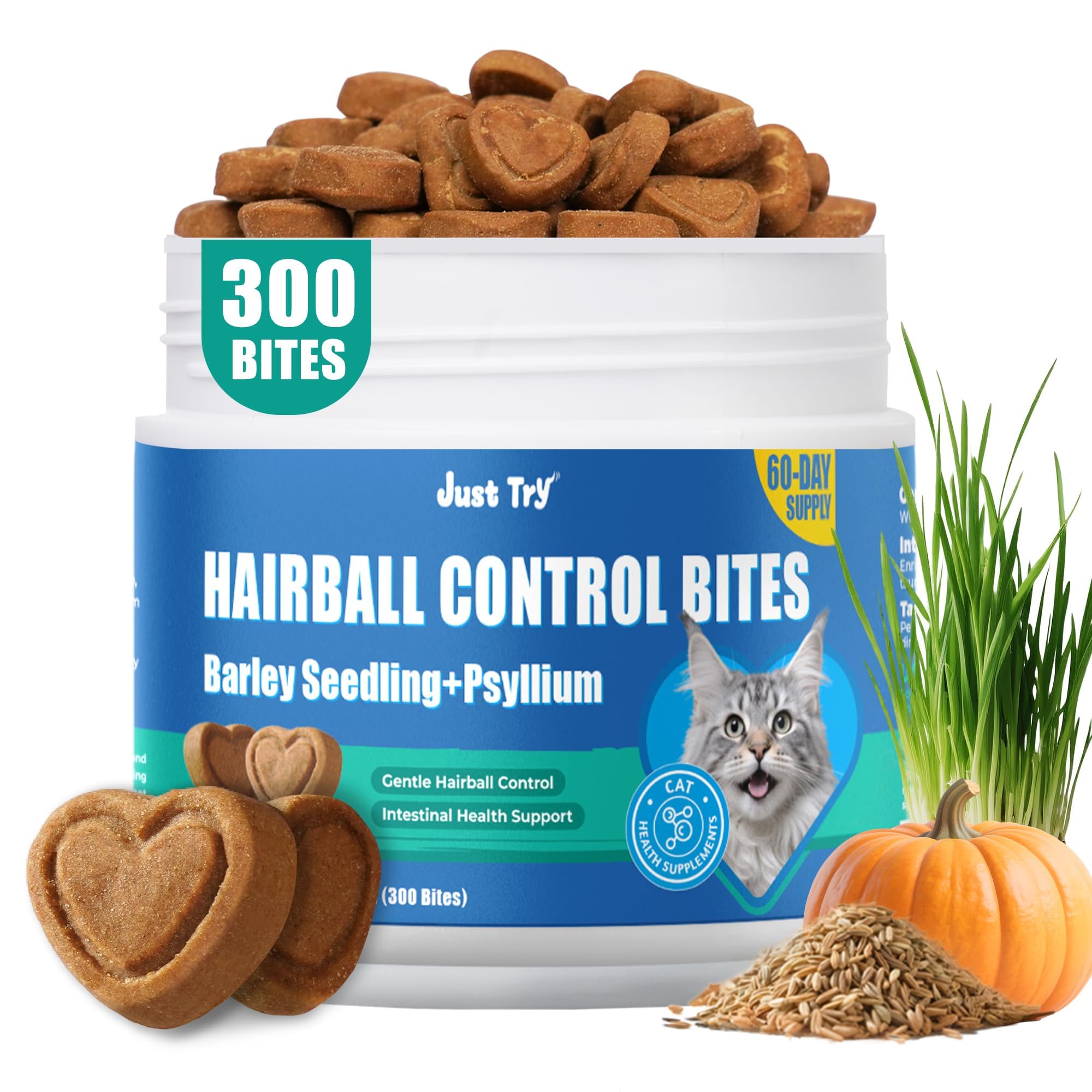 Just Try 300 Bites para bolas de pelo en gatos, posible apoyo digestivo.