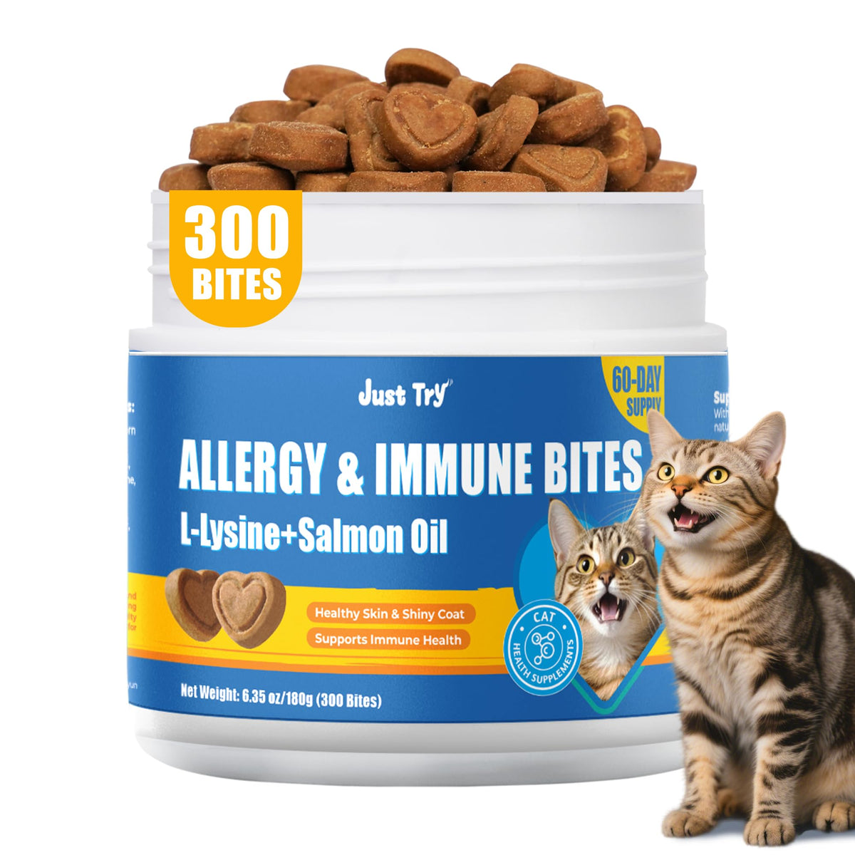 Just Try 300 Bites, envase 180 g, opción práctica para el cuidado diario del gato.