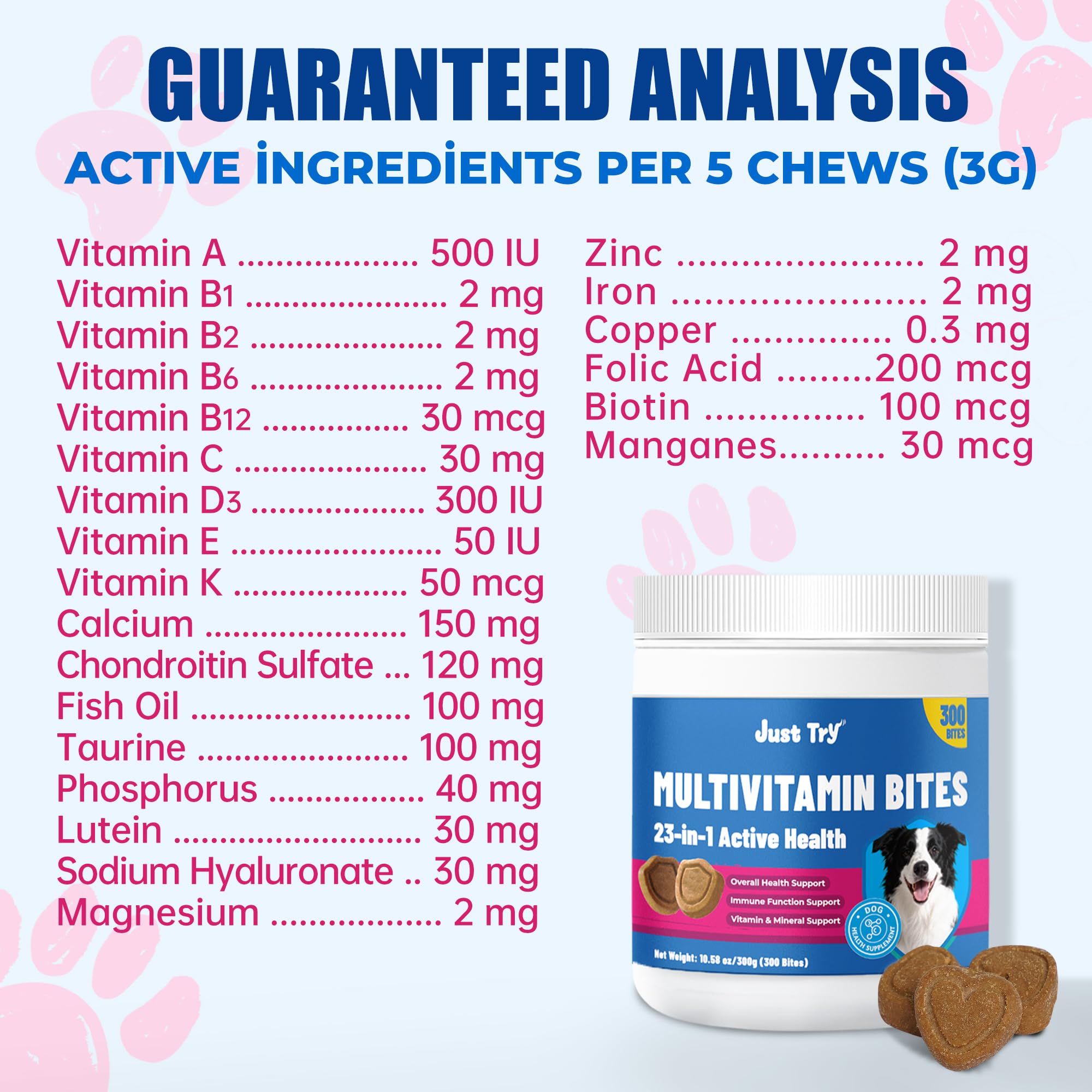 Just Try 300 Bites para perros, aceite de pescado y vitamina E para pelaje lustroso