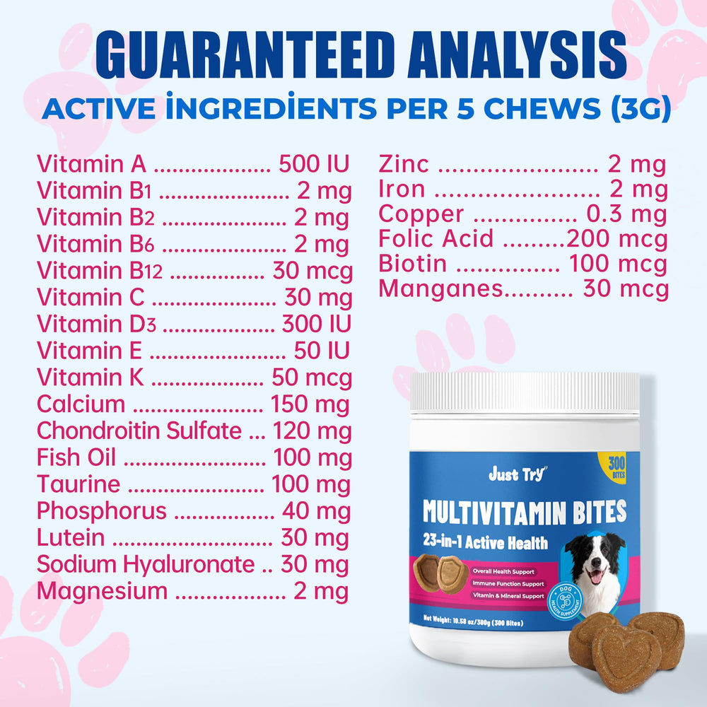 Just Try 300 Bites para perros, aceite de pescado y vitamina E para pelaje lustroso