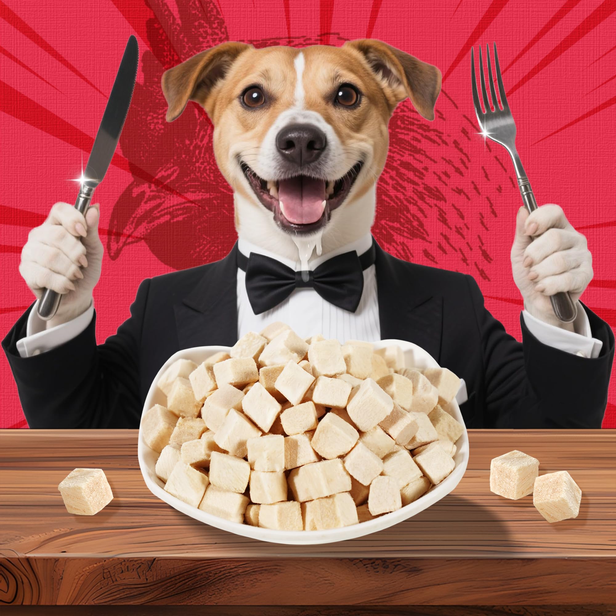 Just Try frasco sellado con cubos de pollo deshidratado para mascotas.