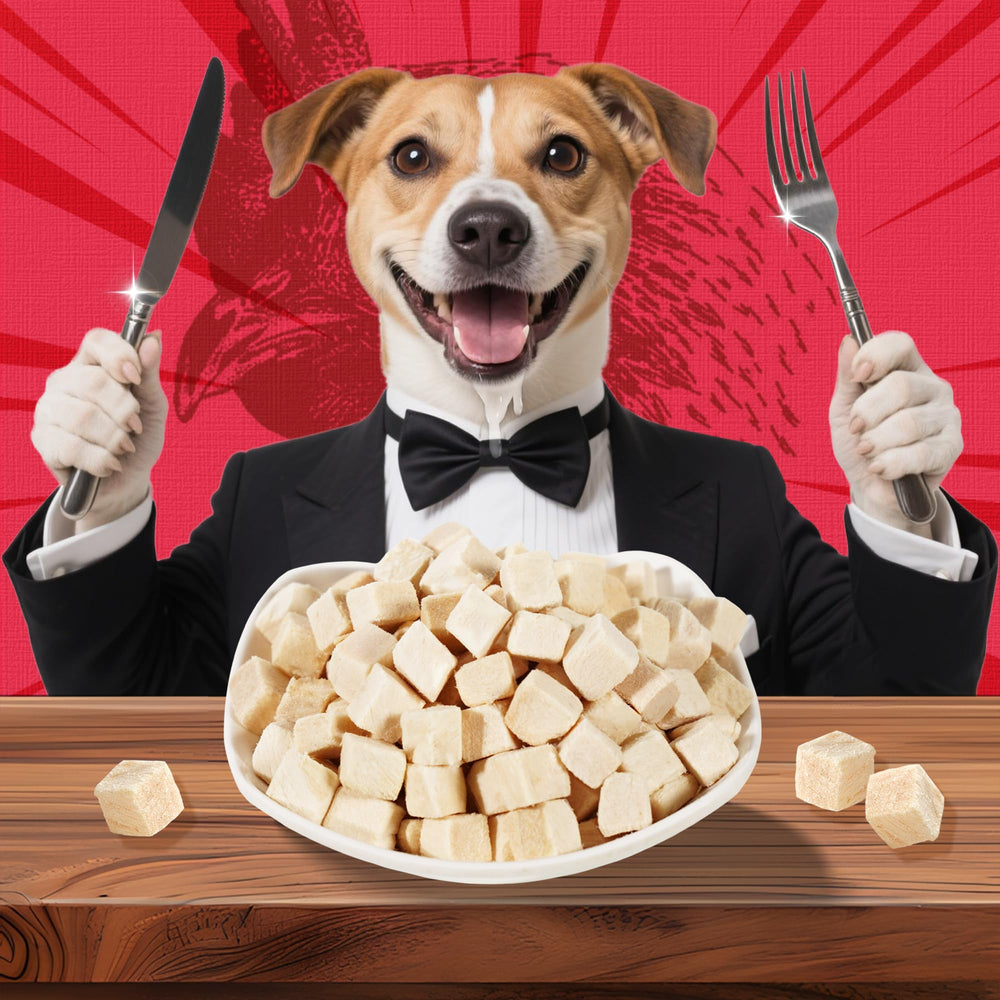 Just Try frasco sellado con cubos de pollo deshidratado para mascotas.