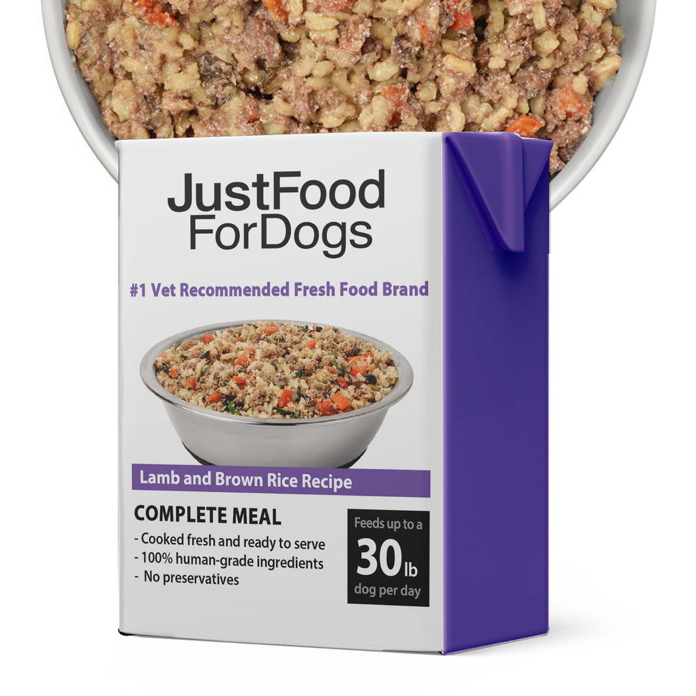 JustFoodForDogs aliento humano cordero-arroz marrón en paquete12, ideal para perros activos.