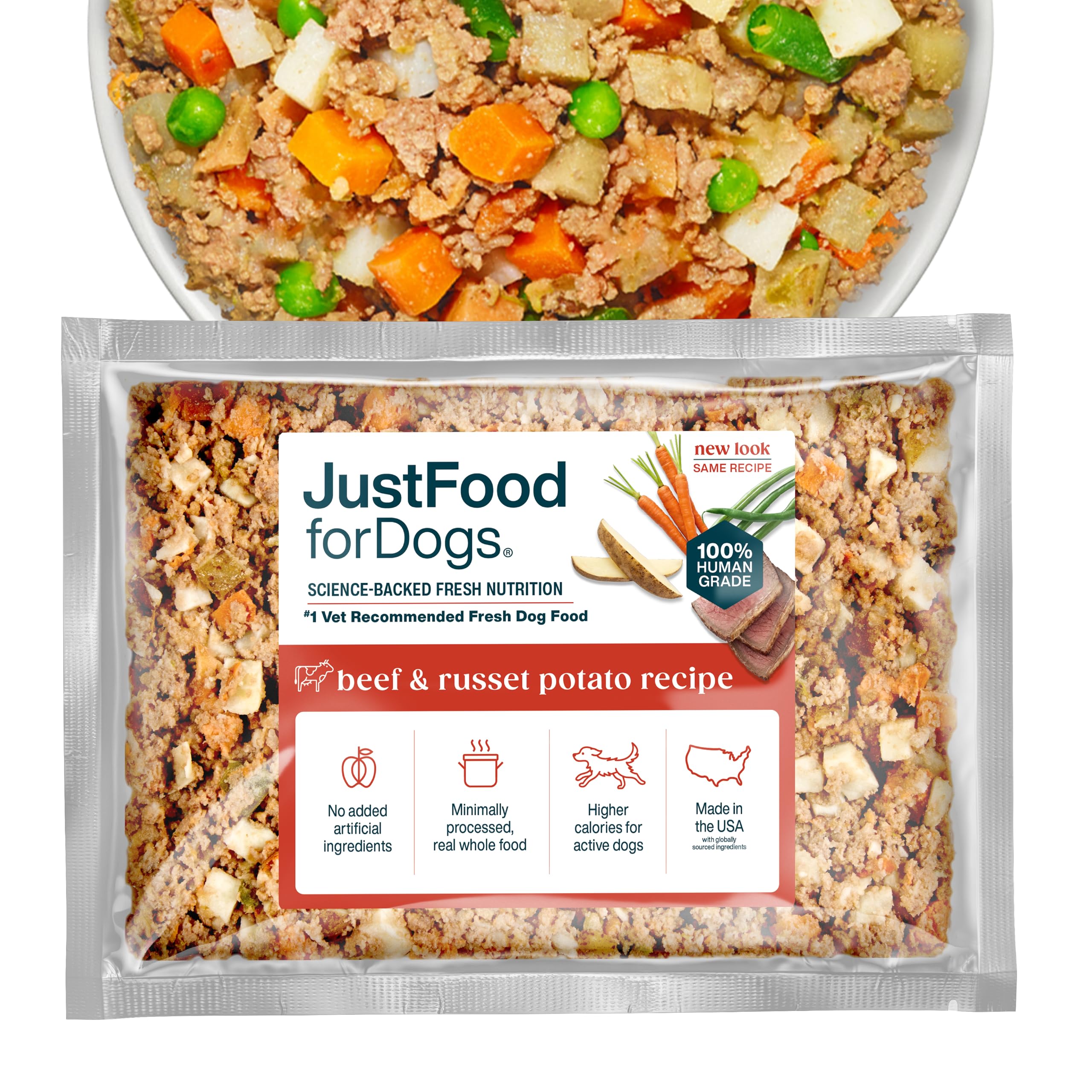 JustFoodForDogs comido perro congelada en tazón, ideal para perros activos.