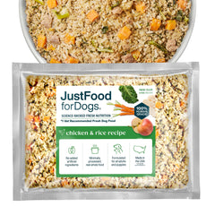 JustFoodForDogs congelado pollo-arroz completa, opción de plato principal para perros con sabor apetecible