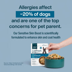 JustFoodForDogs JustFresh Boost Piel Sensible sirviendo sobre el cuenco del perro.