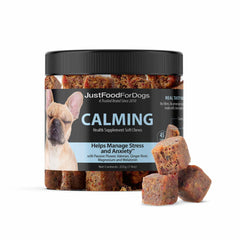 JustFoodForDogs masticables para cadera y articulaciones en bote, promueven movilidad diaria.