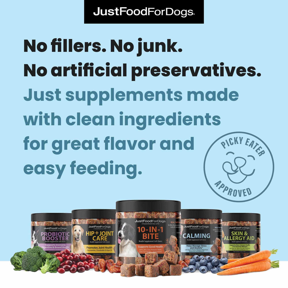 JustFoodForDogs masticables suaves, vitaminas para perros de todas las edades.