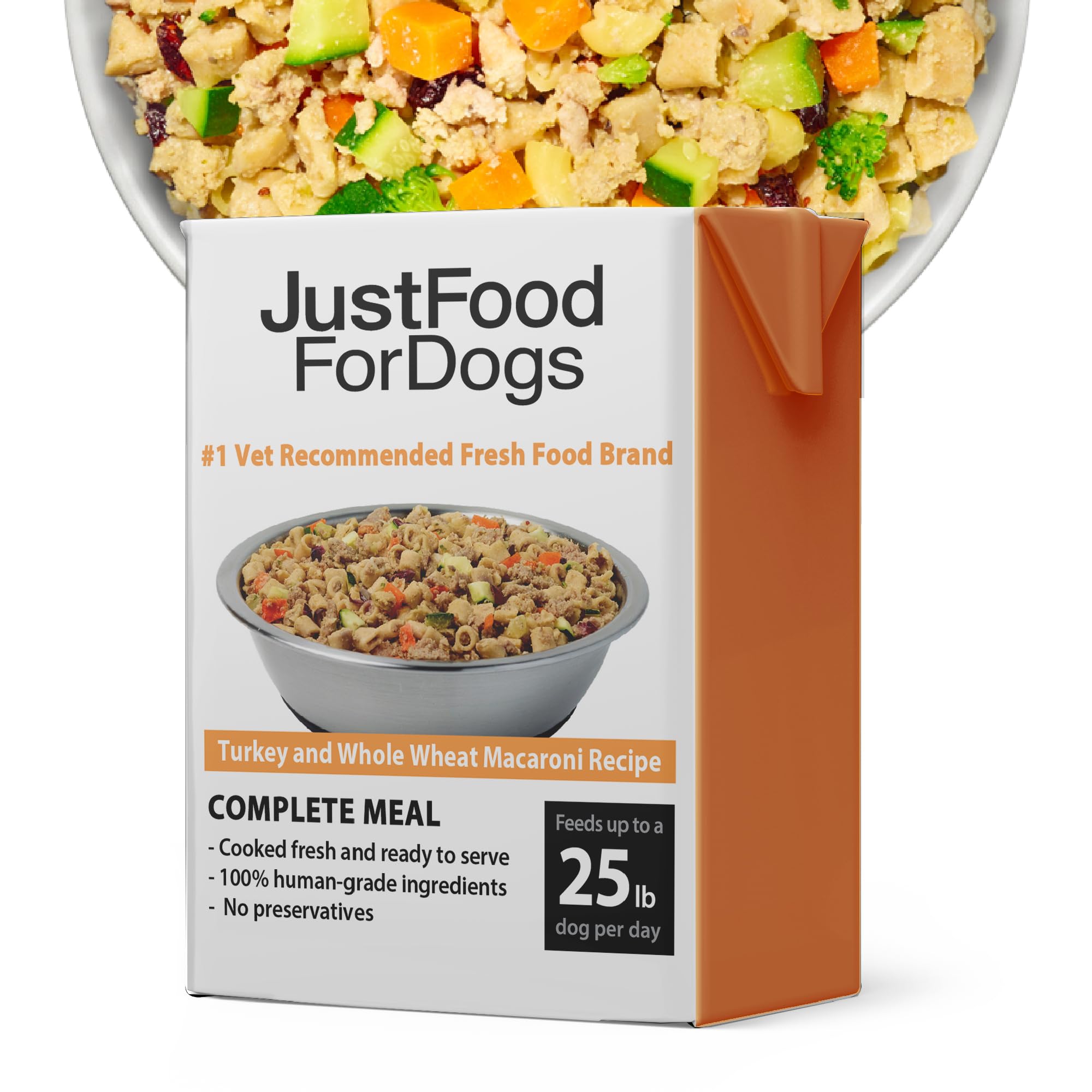 JustFoodForDogs con envase tetra pak para pavo y macarrones, almacenamiento práctico.