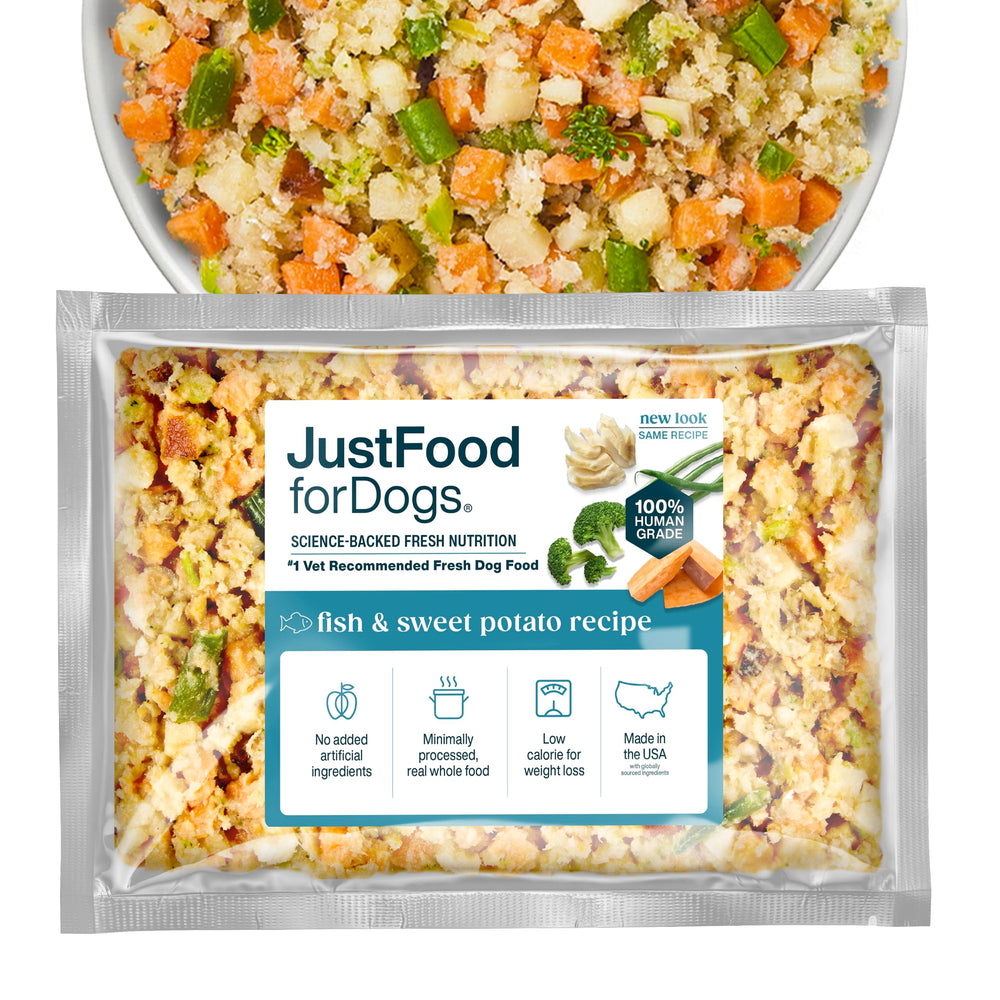JustFoodForDogs pescado-batata-frente: apoyo para piel y pelaje saludables.